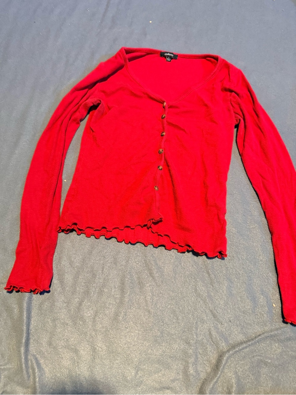 Ambiance Red Long-Sleeve Ruffle Hem Button Cardigan